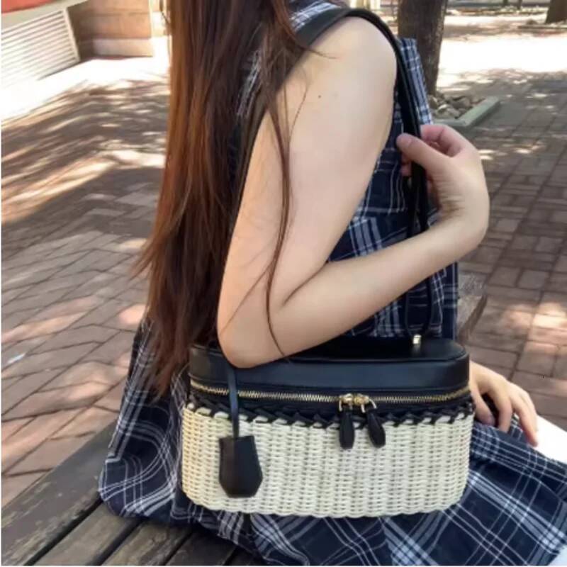 New Fashion Handwoven Straw Canteen Summer Tote Bags for Women PU Leather Shoulder Small Square Box Bag Wallets high-quality