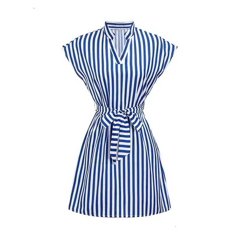 Women Spring Summer Style A-Line Dress Lady Casual Sleeveless Turn-down Collar Striped Printed Dress Vestidos XJ250814