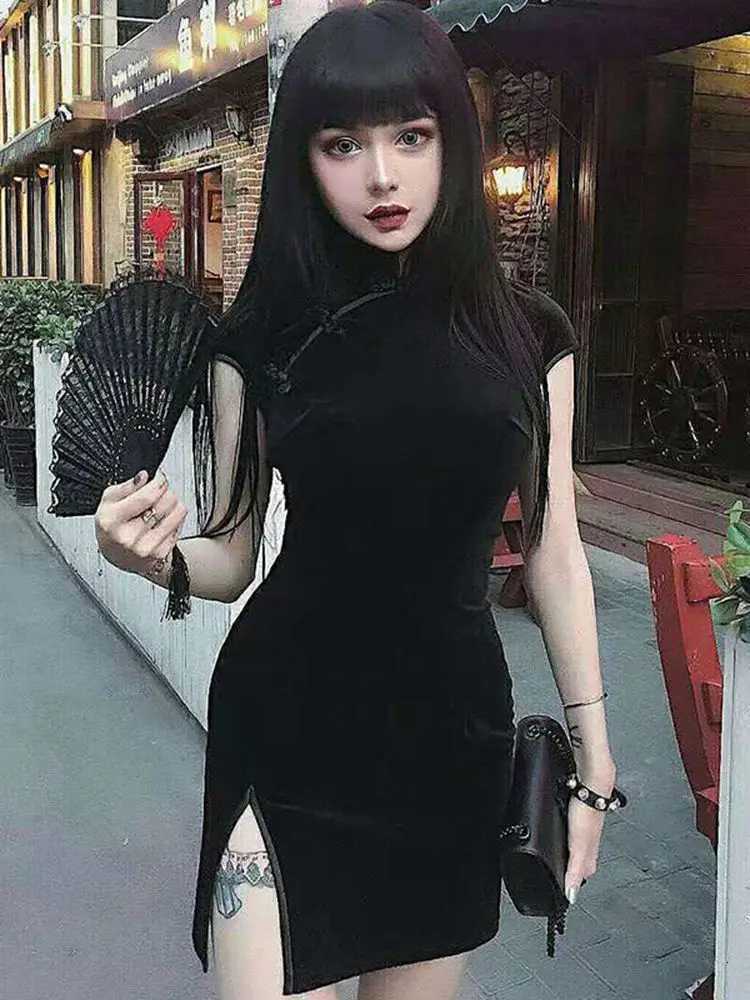 2025 Girls Improved Cheongsam Slimming High Collar High Waist Pan Buckle Split Dress XJ250814