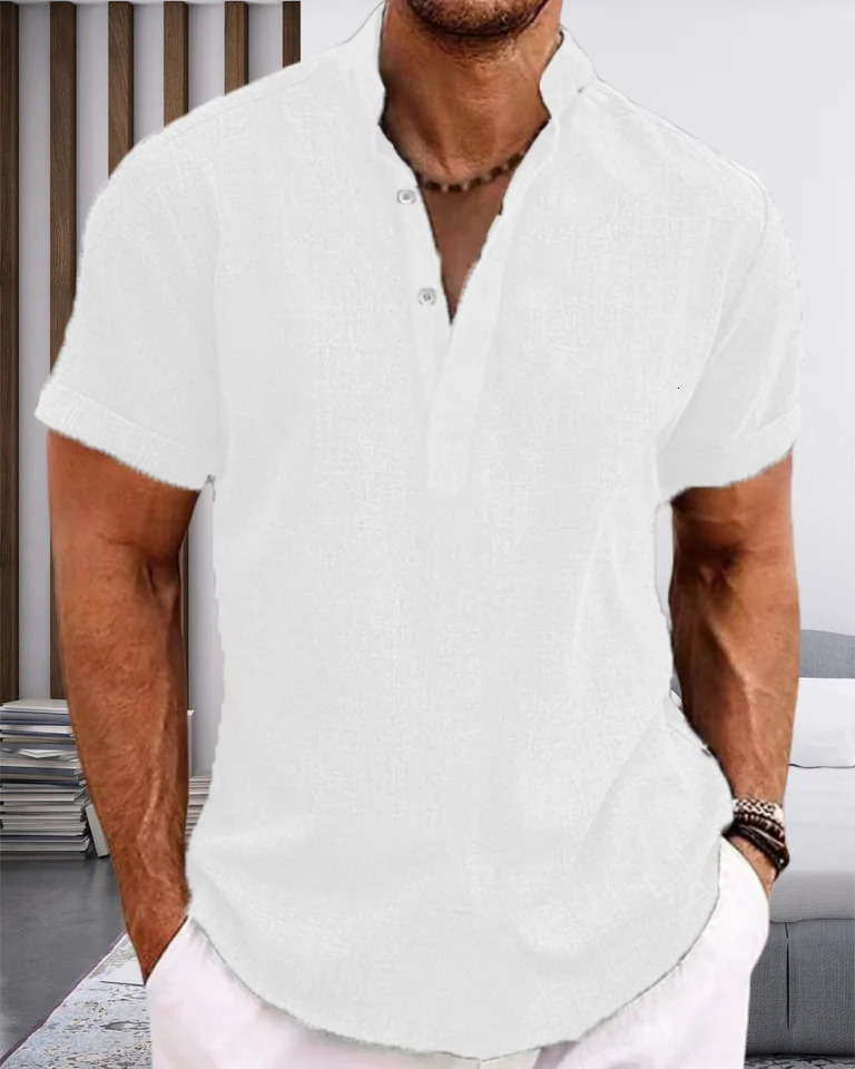 mens tiedyed Henry collar casual beach shortsleeved fashionable solidcolor top Tshirt highquality street shortsleeve 250804