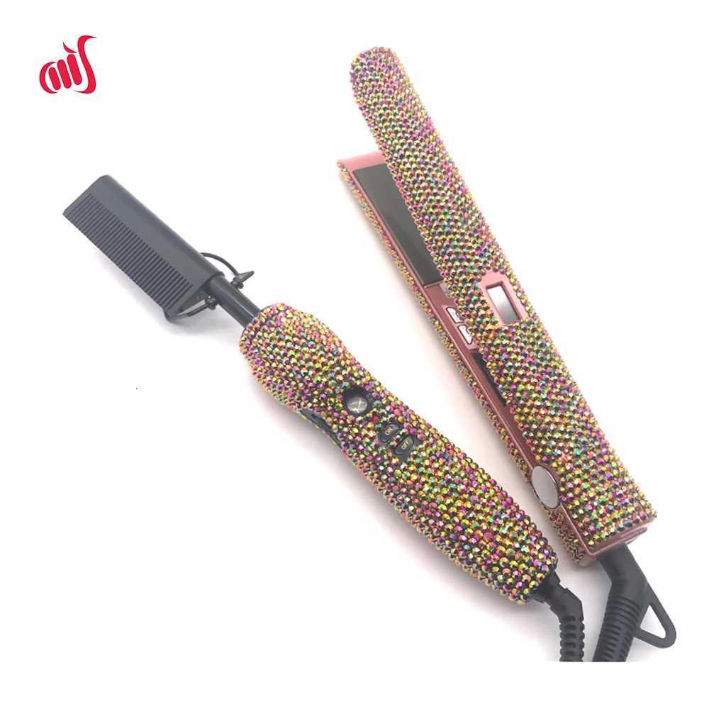 Hair Straightener and Hot Comb Set with Rhinestone High Heat Flat Iron Straightener Combo Heating Comb Hair Straightener W250814