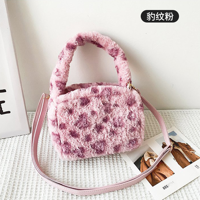 New Plush High-end Pink Leopard Print Furry Handbag for Women Cute Fashion Handheld Crossbody Bag