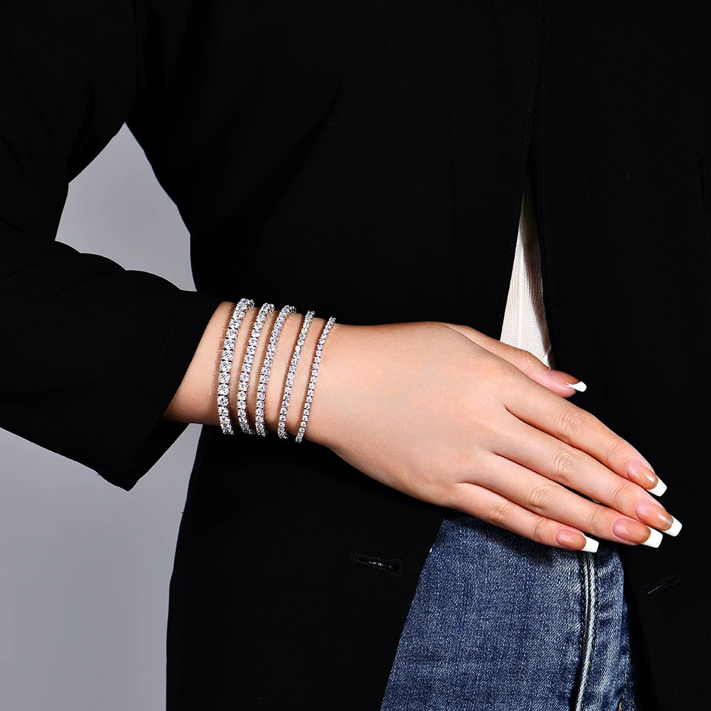 ATTAGEMS 4.0mm 5.0mm D Color Pass Diamond Tester GRC Round Cut White Gold Plated 925 Silver Tennis Bracelet for Women 250814