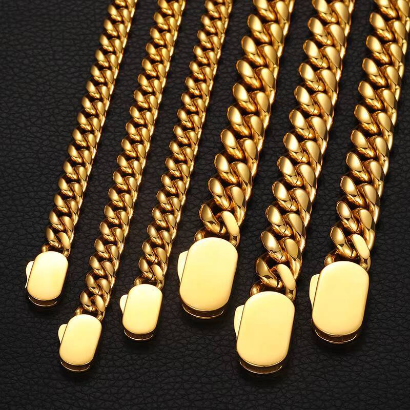 Vente En Gros Bijoux En Acier Inoxydable Chaine Cubaine Collier Bracelet PVD 18k 8mm10mm12mm14mm Stainless Steel Cuban Chain