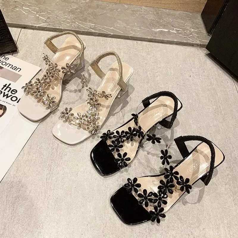 2025 Summer Fashion Womens Elegant High Heels Sandals PVC Crystal Flower Chunky Heel Peep Toe Back Strap Elastic Shoes Zapatos W250814