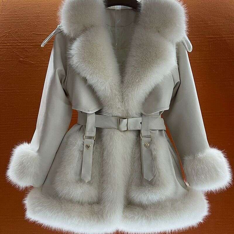 Women's Clothing Temperament Large Collar Tie Mid Length Coat For Women Autumn And Winter New Warm Fur One Piece Top 250814