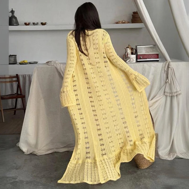 Tornova Fashion Hollow Knitted Dress For Women Flared Long Sleeve Casual Vacation Maxi Dress Summer Buttons Dress Knitwear 250813