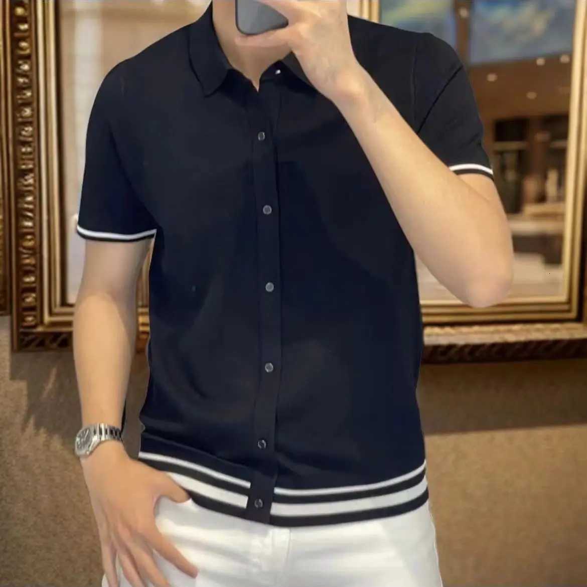 Luxury Fashion Korean Summer Polo Shirts Short Sleeve Patchwork Striped Men Turn-down Collar Slim Thin Paneled All-match Tops XJ250804