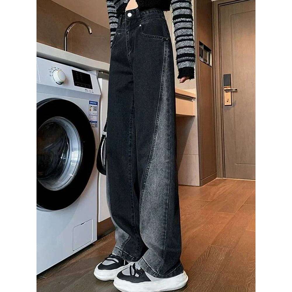 Woman Waist Jeans Lady American High Street Patchwork Straight Pants Girls Black Gray Contrast Color Wide Leg Trousers