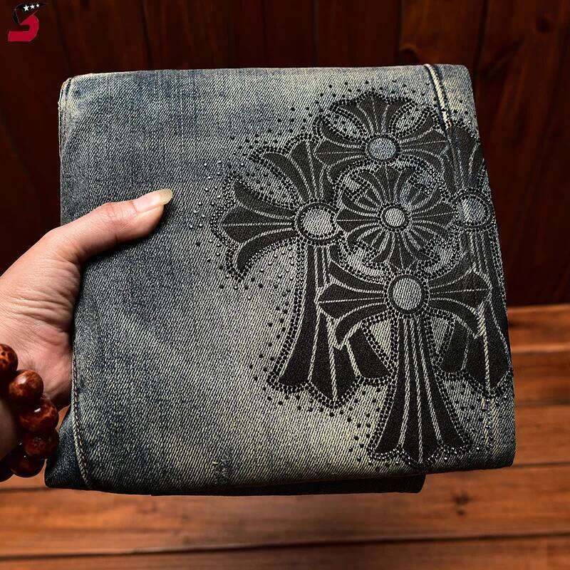 High-End Jeans Men's Autumn and Winter Trends Hole & Patch Light Printed Stretch Slim Fit Skinny Smart Trousers