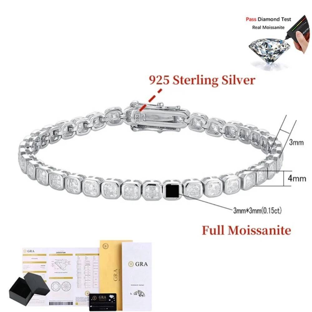 NKHOG 3*3mm Full Moissanite Tennis Bracelets For Women Men 925 Sterling Silver Asscher Cut Square Diamond Jewelry Pass Test GRA