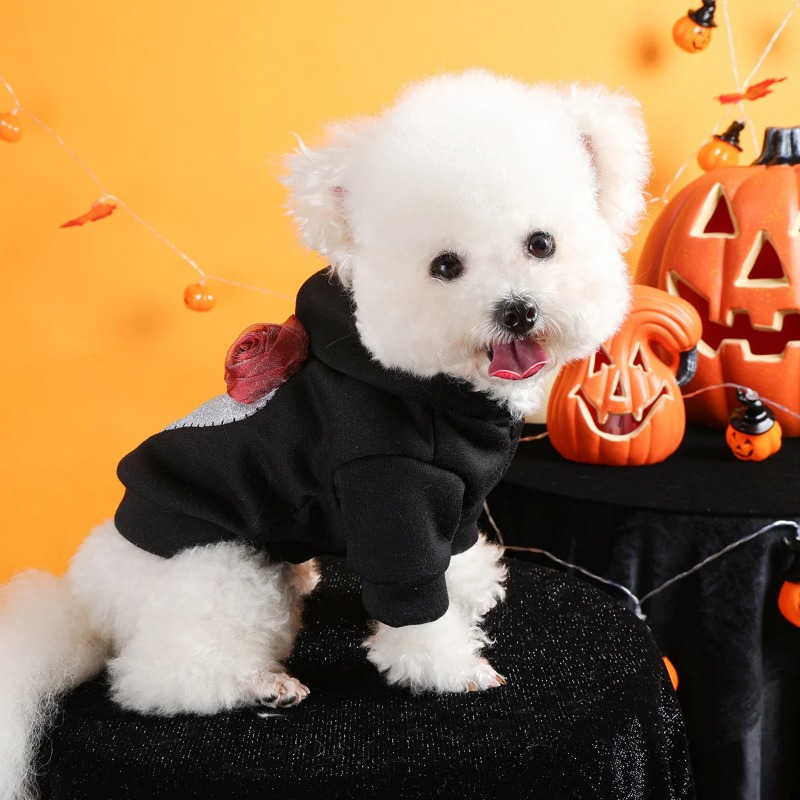 Skull Halloween Pet Sweater Clothes Dog Cat Black Thickened Funny White Skull Embroidered Button Hooded Jacket
