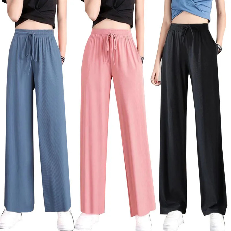 1pcs Summer Women Ice Silk Pant Female High Elastic Waist Drawstring Pocket Loose Straight Trousers Student Sports 250808
