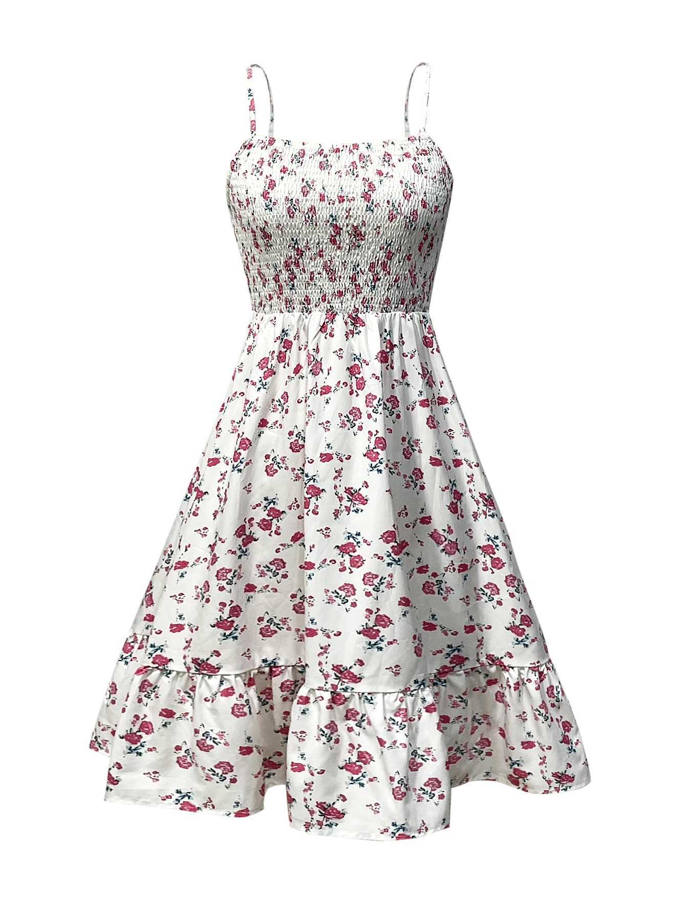 Womens Floral Print Shirred Spaghetti Strap Dress - Summer Boho Ruffle Sundress Casual Beach Maxi Dress XJ250814