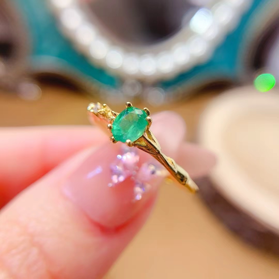Pure 925 silver emerald ring 4mm*5mm 0.3ct natural emerald jewelry 18K gold plated silver green gemstone ring