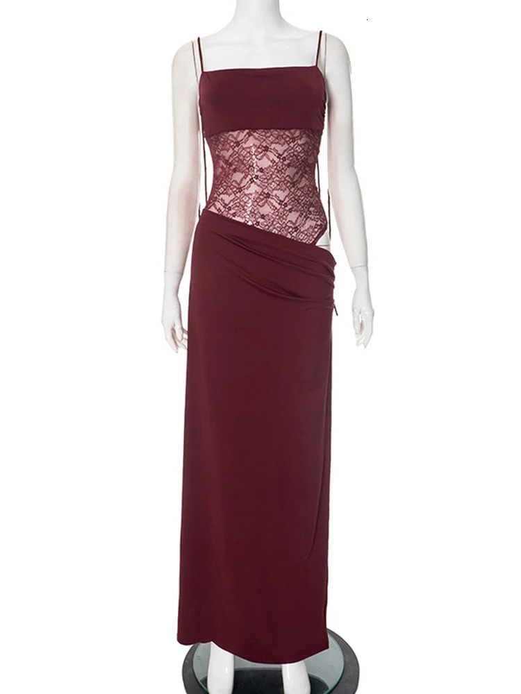 TARUXY Lace Splice Spaghetti Strap Dress Womens Lace Up Waist Hollow Sexy Slim Long Dress Summer Beach Party Sleeveless Dress 250813