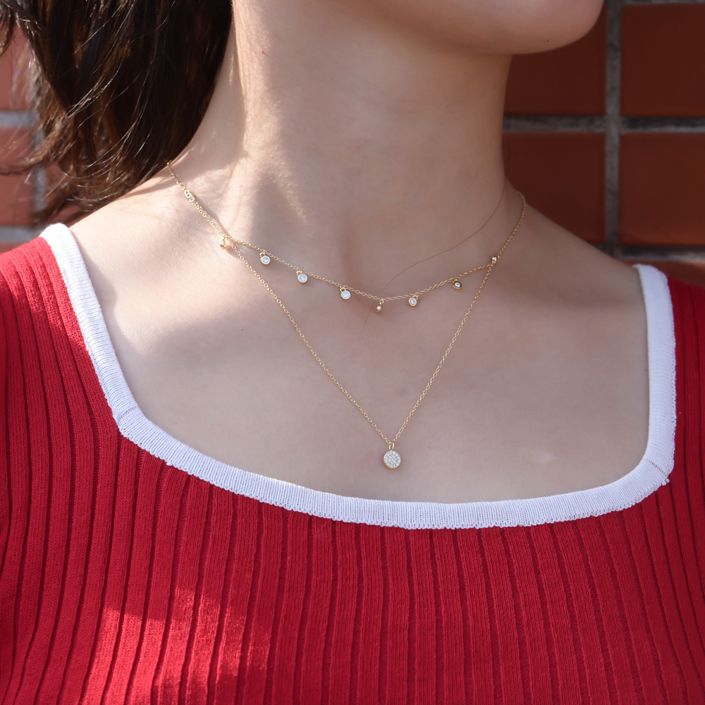 Jewelry INS Style Pure Sier Double Layer Necklace for Women Versatile Simple Polka Dot Zircon Short Clavicle Chain Jewelry for Women