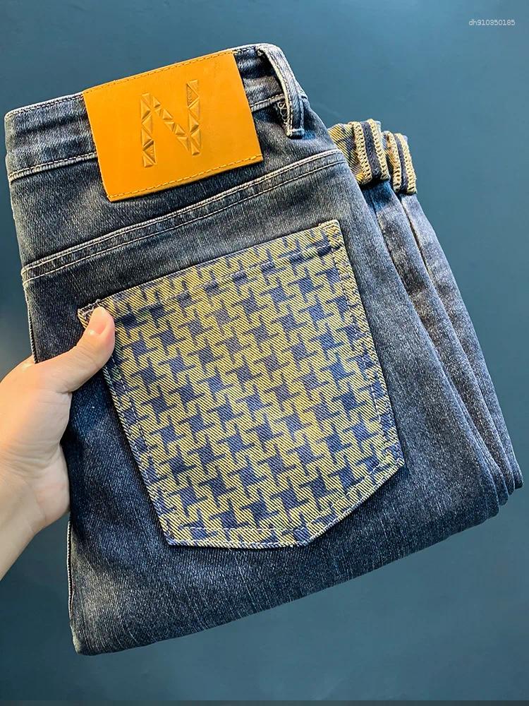 Designer Men's Jeans Spring Trendy For High End Light Luxury Design Fashion High Quality Thousand Grids Print Elastic Casual Straight Fit Loose C