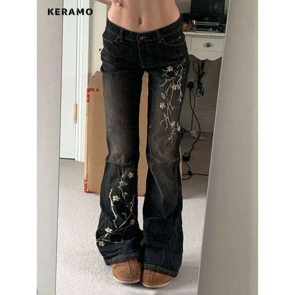 Weekeep Floral Embroidery Vintage 2000s Low Rise Flared Jeans Women Retro y2k Baggy Denim Pants High Street Basic Trousers