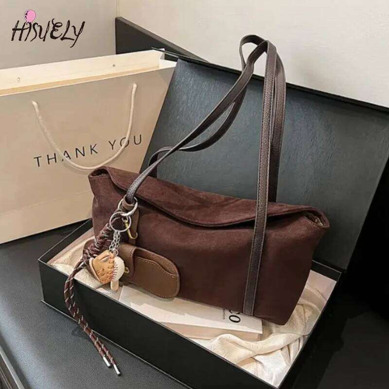 Women Suede Shoulder With Inner Pocket Flap Underarm Solid Retro Satchel Bag Female Fashion Large Handbag Clutch Tote