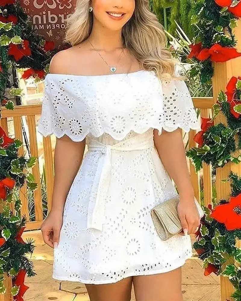 2025 New Fashion Off Shoulder Lace Up Mini Dress for Women Summer Hollow Out White Dress Fashion Lace Splicing Holiday Long Dresses XJ250814