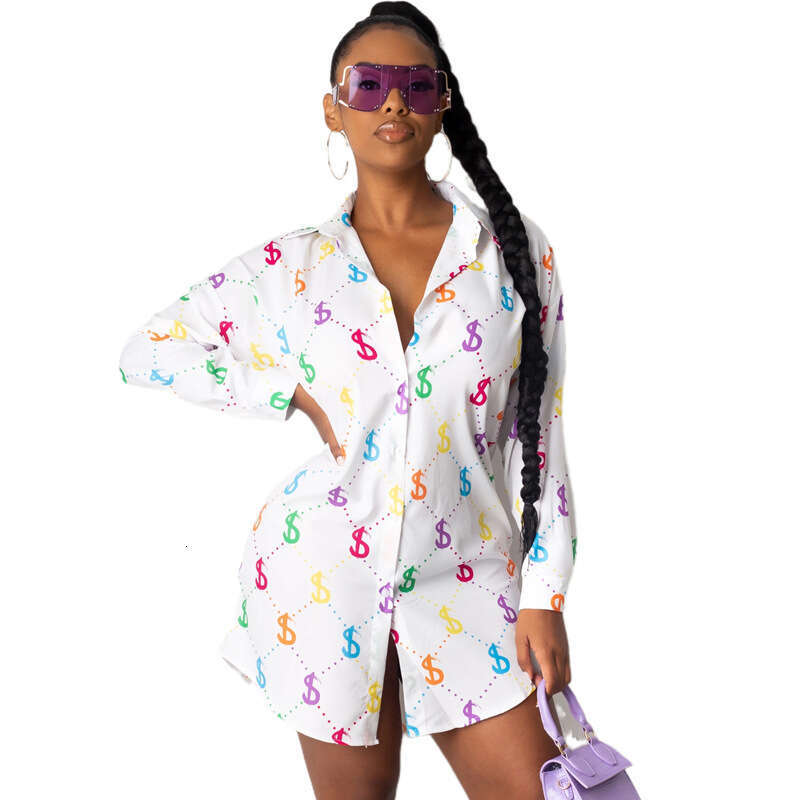 Women's Autumn Winter New Fashion Printed Turn-Down Collar Bodycon Shirt Dress