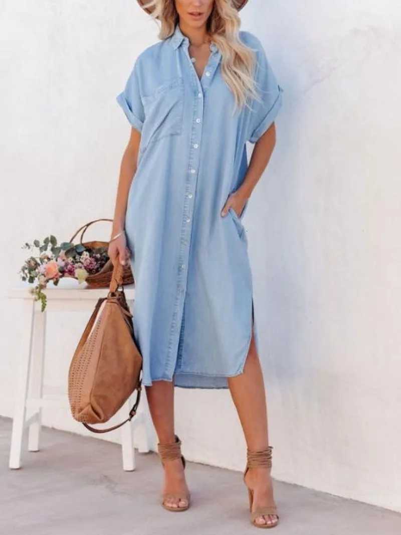 Womens Casual Loose Solid Color Short Sleeve Long Slit Shirt Dress with Shoulder Sleeves and Button-Up Dress XJ250814