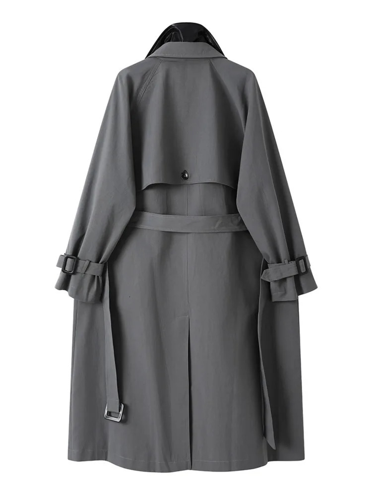 ZMEENNA Womens Gray Double Breasted Trench Coat With Belt Notched Lapel Loose Fit Long Jacket Casual Spring Outerwear ZM1062 250805