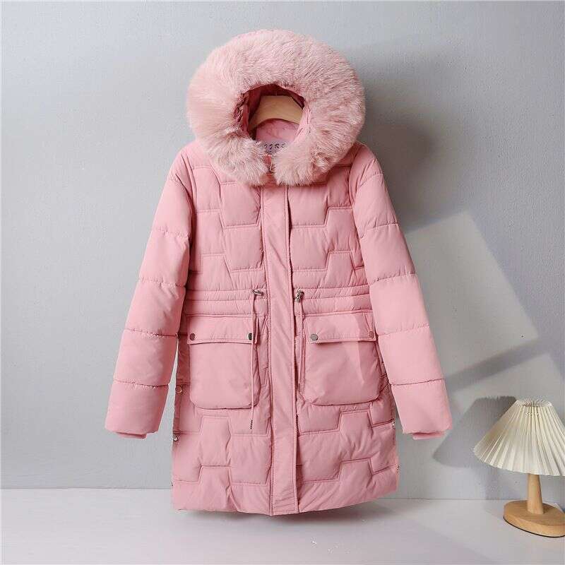Autumn Winter Women Parkas Korean Fashion Solid Fur Collar Hooded Pockets Zipper Thicken Long Drawstring Down Coats Tops