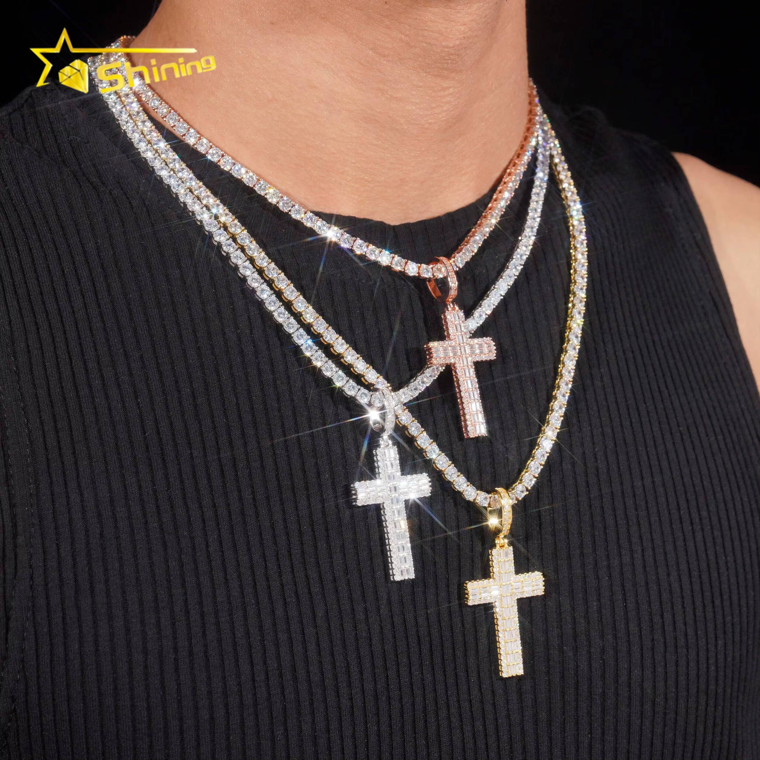 High-end Luxury Baguette Diamond 925 Silver Cross Mens Iced Out Hip Hop Moissanite Pendant for Tennis Chain