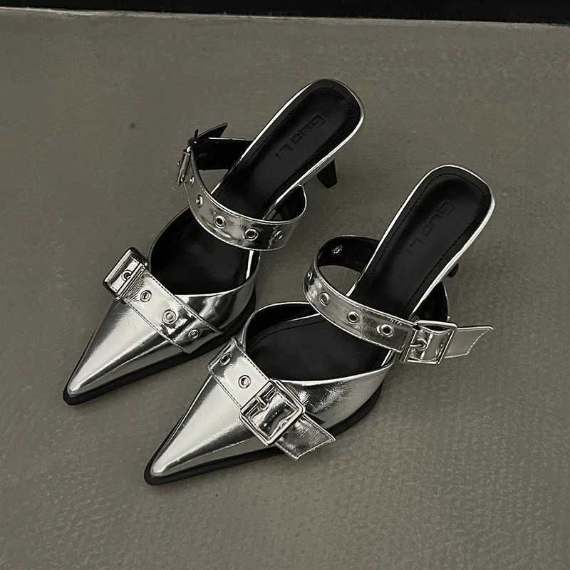 2023 Punk Goth Metal Buckle High Heels Sandals for Women Summer Pointed Toe Silver Party Shoes Korean Style Thin Heels Sandals W250814