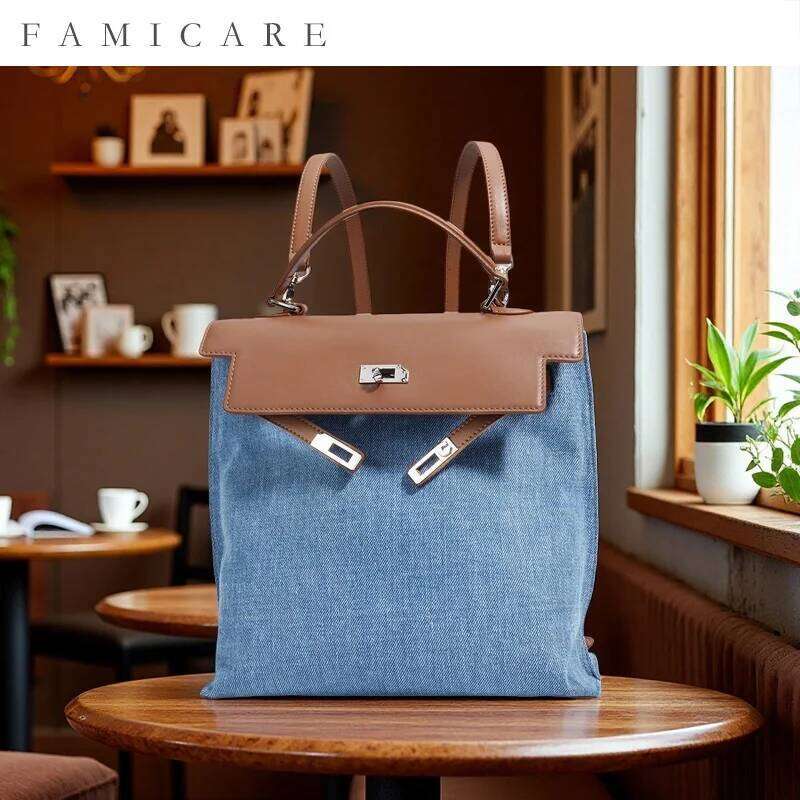 2025 New Women Backpack Fashion Denim Shoulder Genuine Leather Crossbody Bag Large Capacity Minimalist Tote Female Messenger