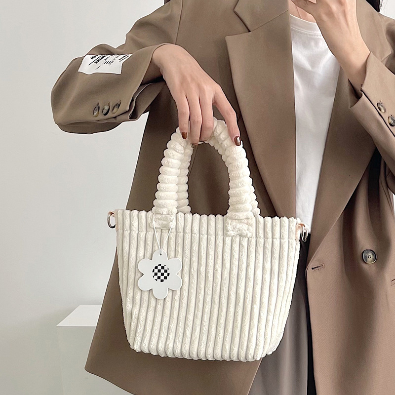 Autumn Winter New Corduroy Bucket Klein Blue Striped Handheld Tote Crossbody Bag for Women
