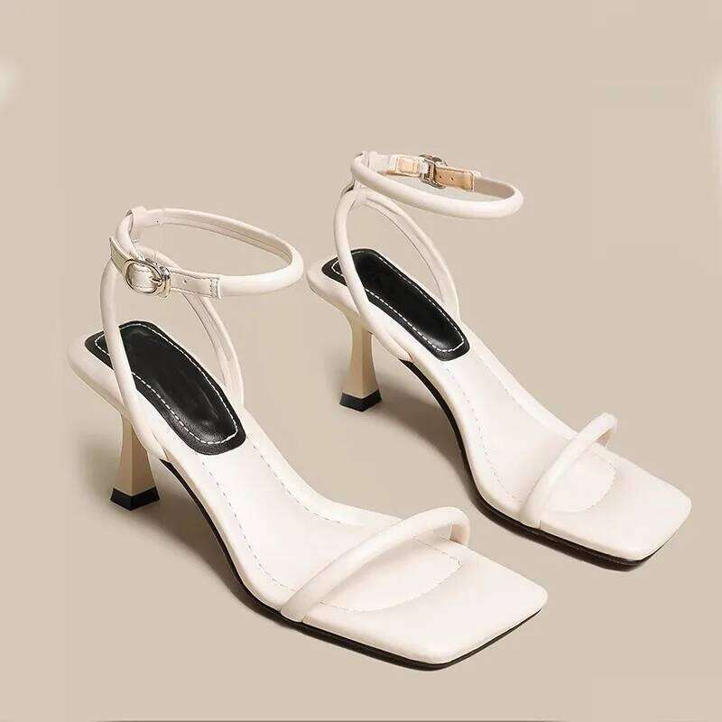 Black Ankle-Strap Buckle Sandal Summer Square Toe Ladies Stiletto High Heel Shoes Sexy Solid Thin Band Sandalias De Mujer Verano