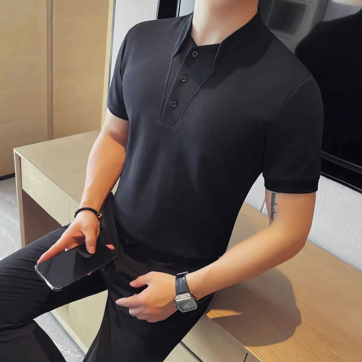 Summer Mens Polo Shirts Korean Style Fashion Turn Down Collar Solid Color Short Sleeve Slim Fit Polos Men Fake Two Pieces Tees XJ250804