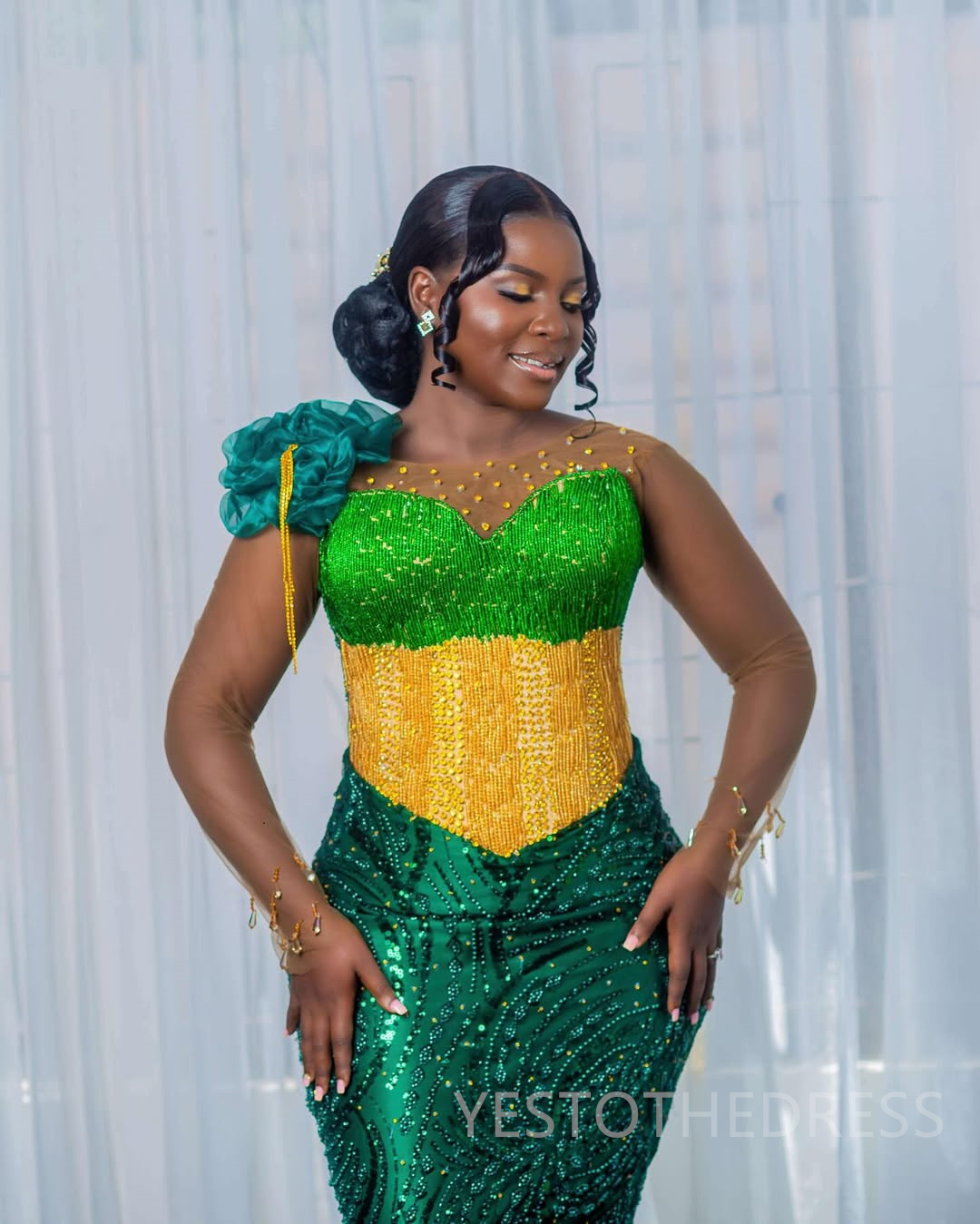 2025 Mermaid Plus Size Green Prom Dresses For Black Women Aso Ebi Illusion Sheer Neck Long Sleeves Appliqued Lace Beaded Birthday Dress Second Recepti