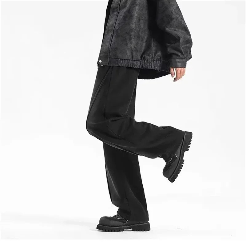 Autumn Mens High Street Pleated Straight Pants Korean Fashion Elastic Waist Pockets Trousers Y2K Vintage pantalones hombre 250813