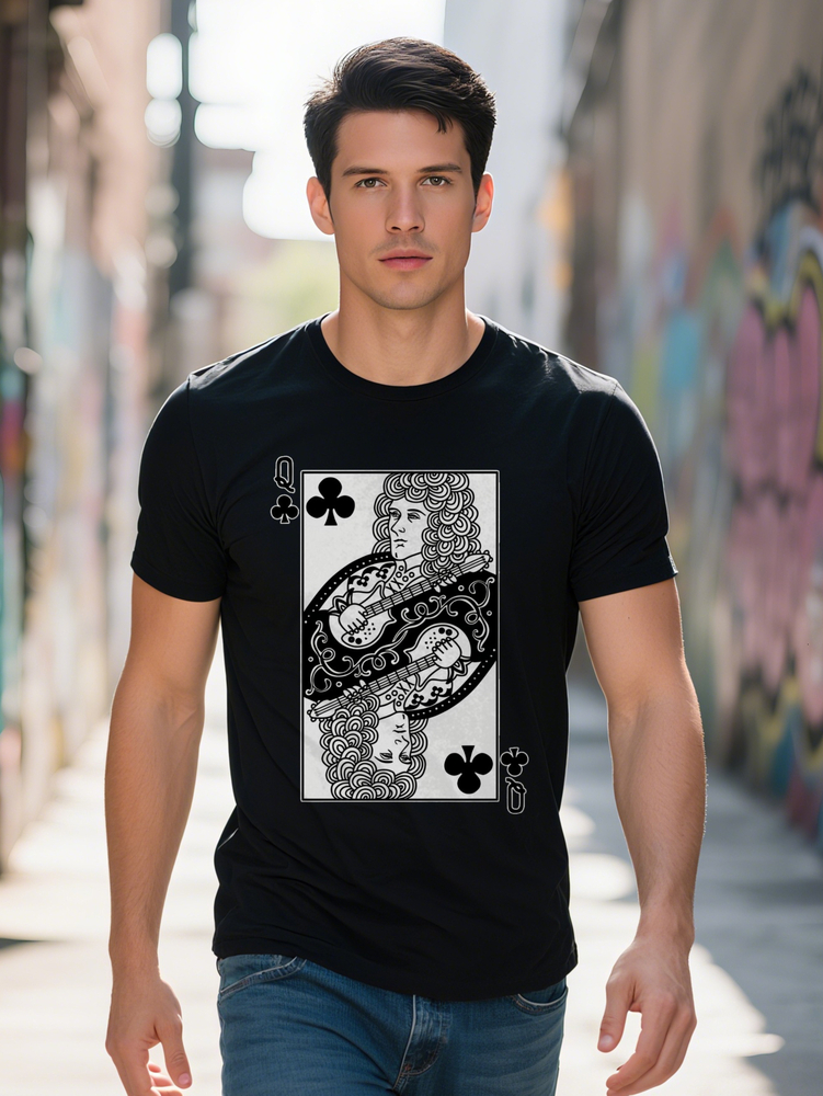 Men s Short Sleeve T Shirt with Queen of Clubs Playing Card Graphic Print Black Round Neck Summer Regular Fit Tee for