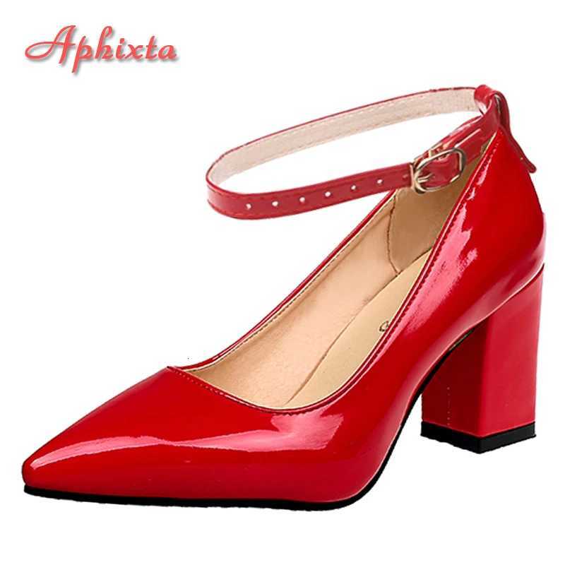 Aphixta New 2.75Inch Pimp Buckle Patent Leather Shoes Women Pumps Leisure Red Fashion Official Pointed Toe Plus Size 50 W250814