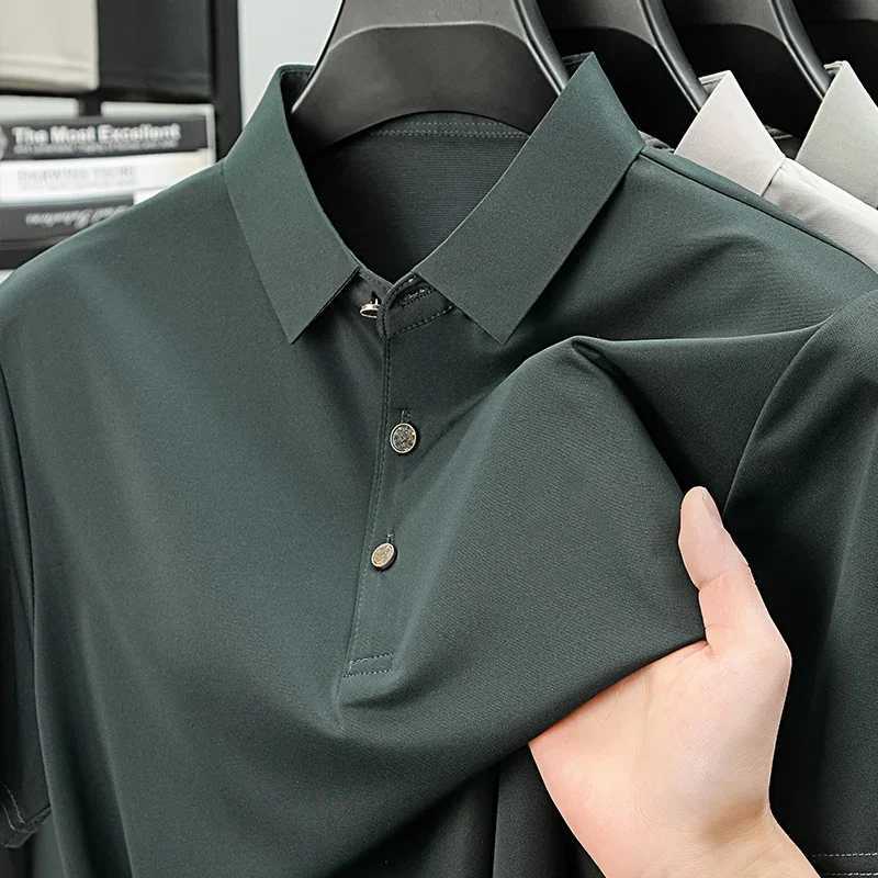 2025 Summer Men Polo Shirt Office Short Sleeve Solid Color Ice Silk Soft Work Plain Tops Mens Polo T Shirt 4XL XJ250804