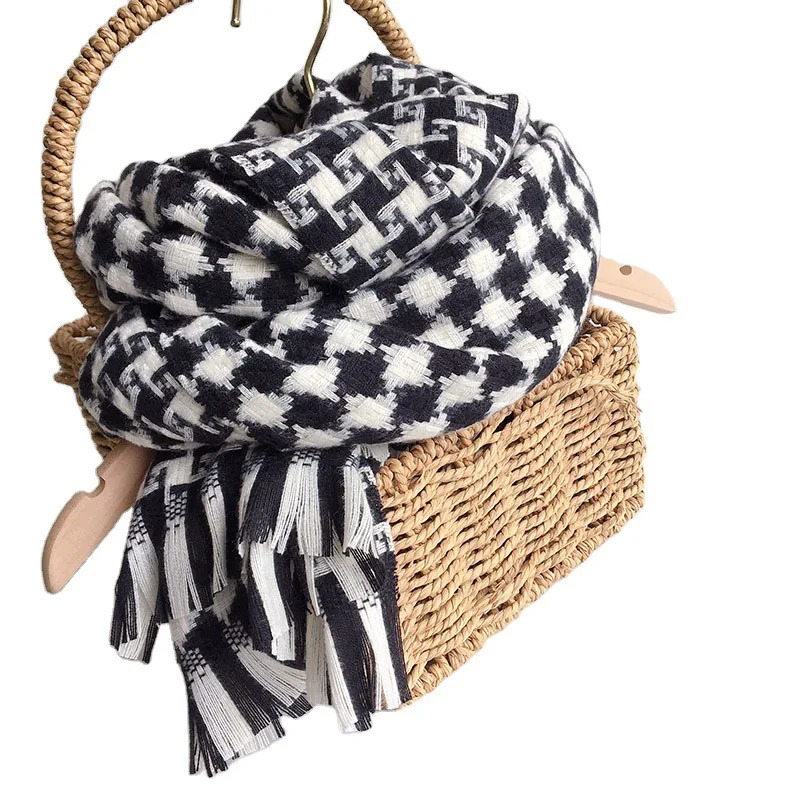 Black White Cherkered Cashmere Scarf Shawl For Women 250808