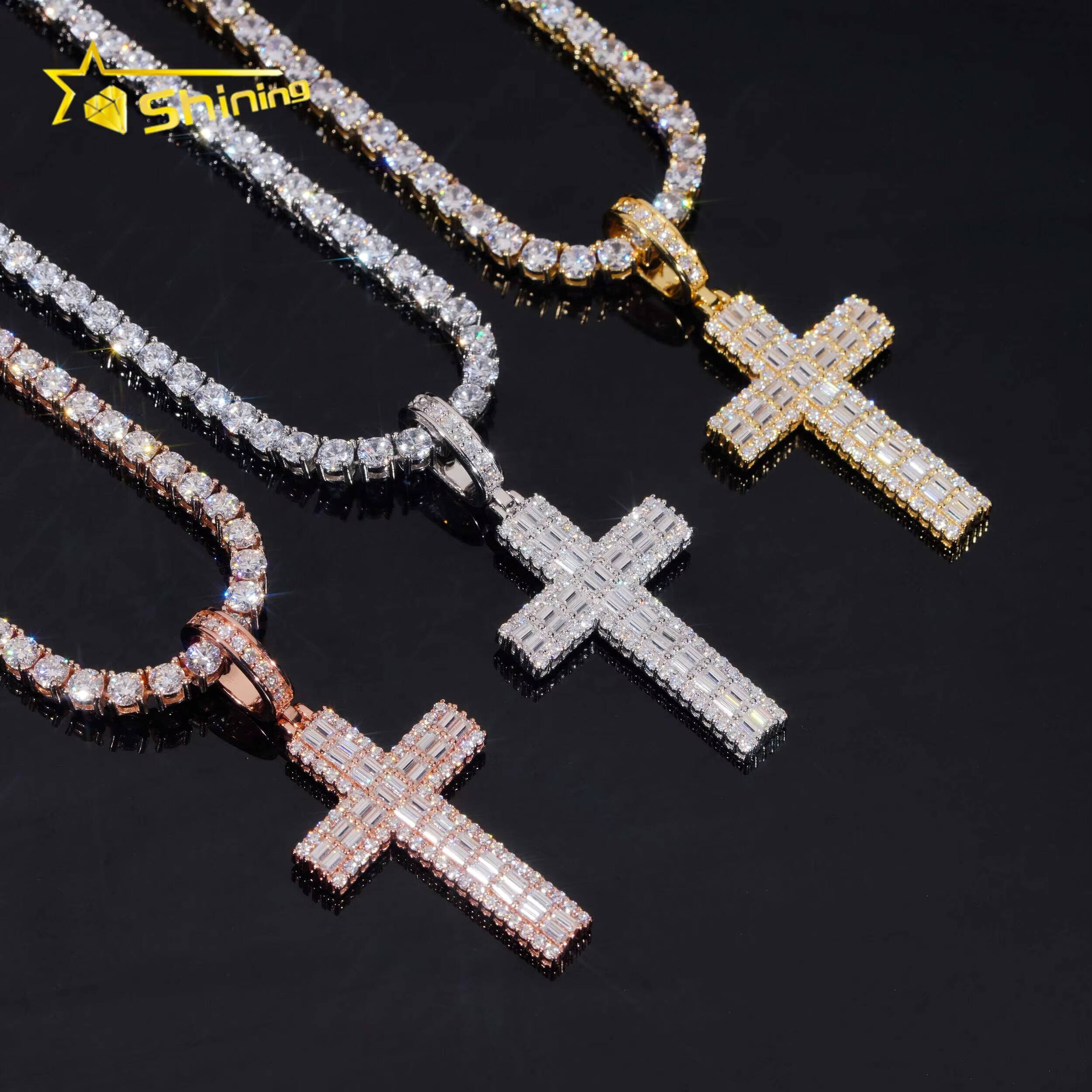 High-end Luxury Baguette Diamond 925 Silver Cross Mens Iced Out Hip Hop Moissanite Pendant for Tennis Chain