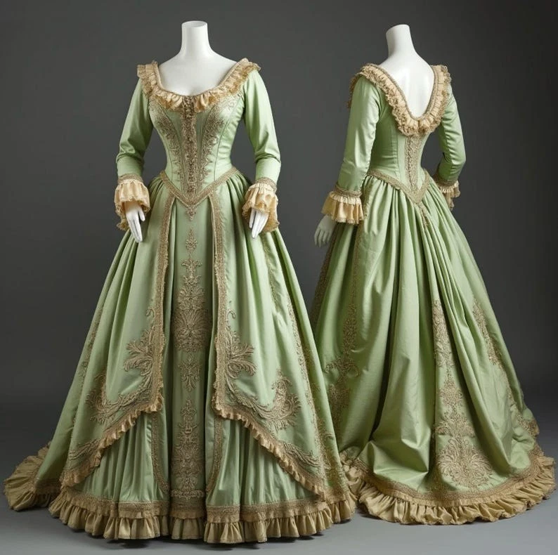 Medieval Vintage Victorian Green Prom Dresses With Gold Lace Appliques Queen Party Ball Gowns Long Sleeve Floor Length Masquerade Dress Vestidos De No