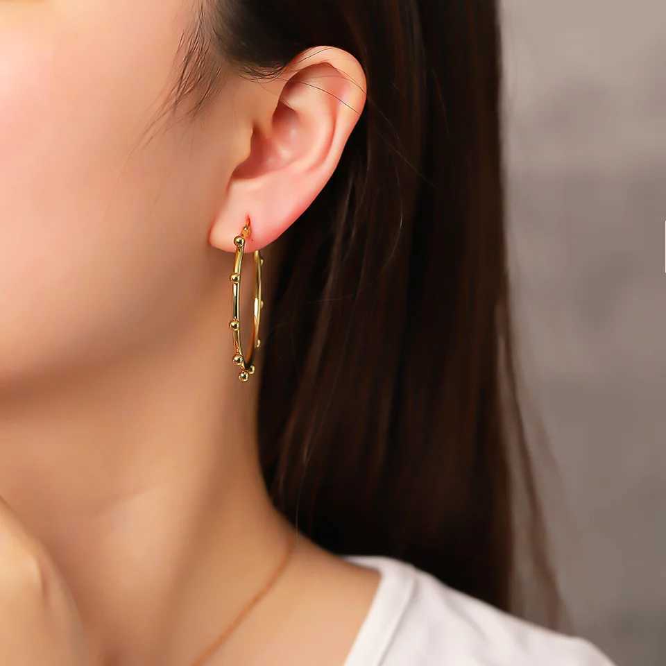 Womens Geometric Round Steel Ball Stainless Steel Hoop Earrings Electroplated Gold Color Non Fading Earrings XJ250814
