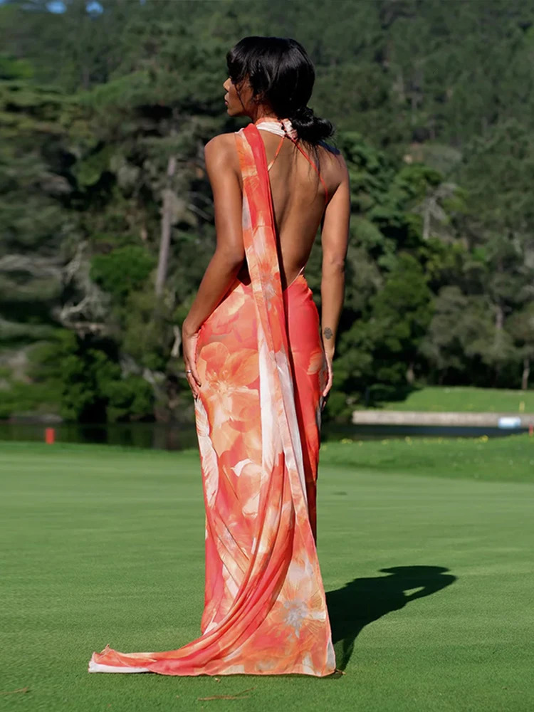 Satin Ribbon Halter Long Dress Women Elegant Sleeveless Backless Waist Cinching Dragging Evening Dresses Chic Ladies Vestido 250813