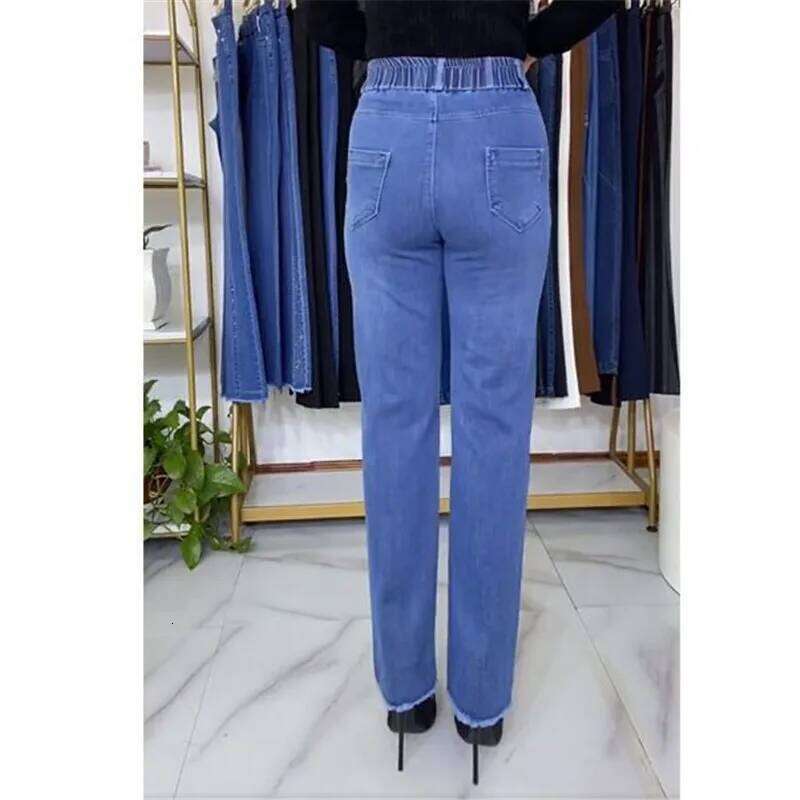 Middle-aged Women's Jeans Spring Autumn Stretch Straight Denim Pants Large Size Loose High Waist Casual Black Blue Trouser