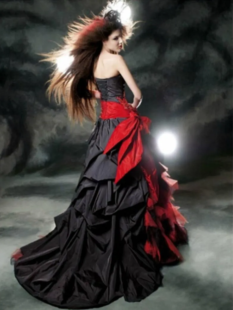 Red and Black Gothic Wedding Dresses Sweetheart Bow Lace Draped Taffeta Vintage Bridal Gowns vestido de noiva Custom