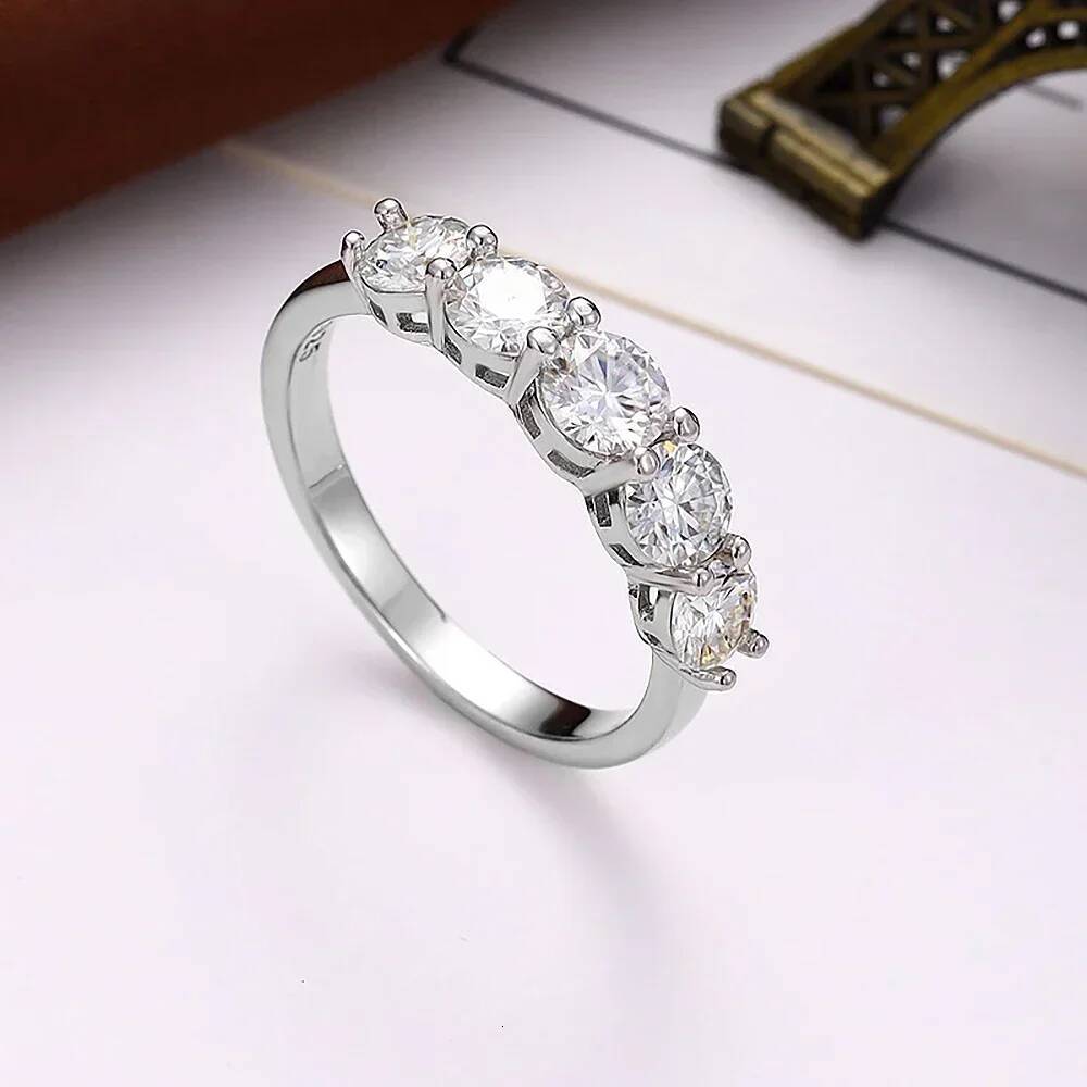 5 Stone Round Brilliant Cut Moissanite Wedding Rings Half Eternity Band 925 Silver 4mm Lab Diamond Wedding Ring for Women Men