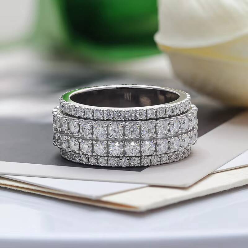 Paston Jewelry Custom 4 Rows Moving Band Round Moissanite D VVS Pass Dia Text Sier Ring for Men