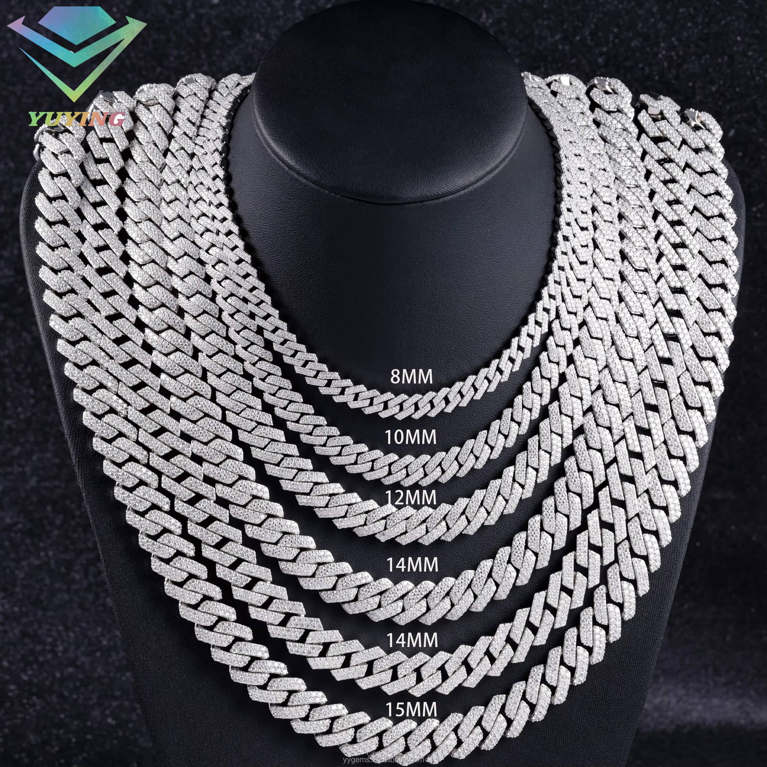 VVS Dia 2rows 8mm 10mm 12mm 15mm S Sier GRA Moissanite Necklace Mans Hiphop Cuban Link Chain for Fashion Jewelry